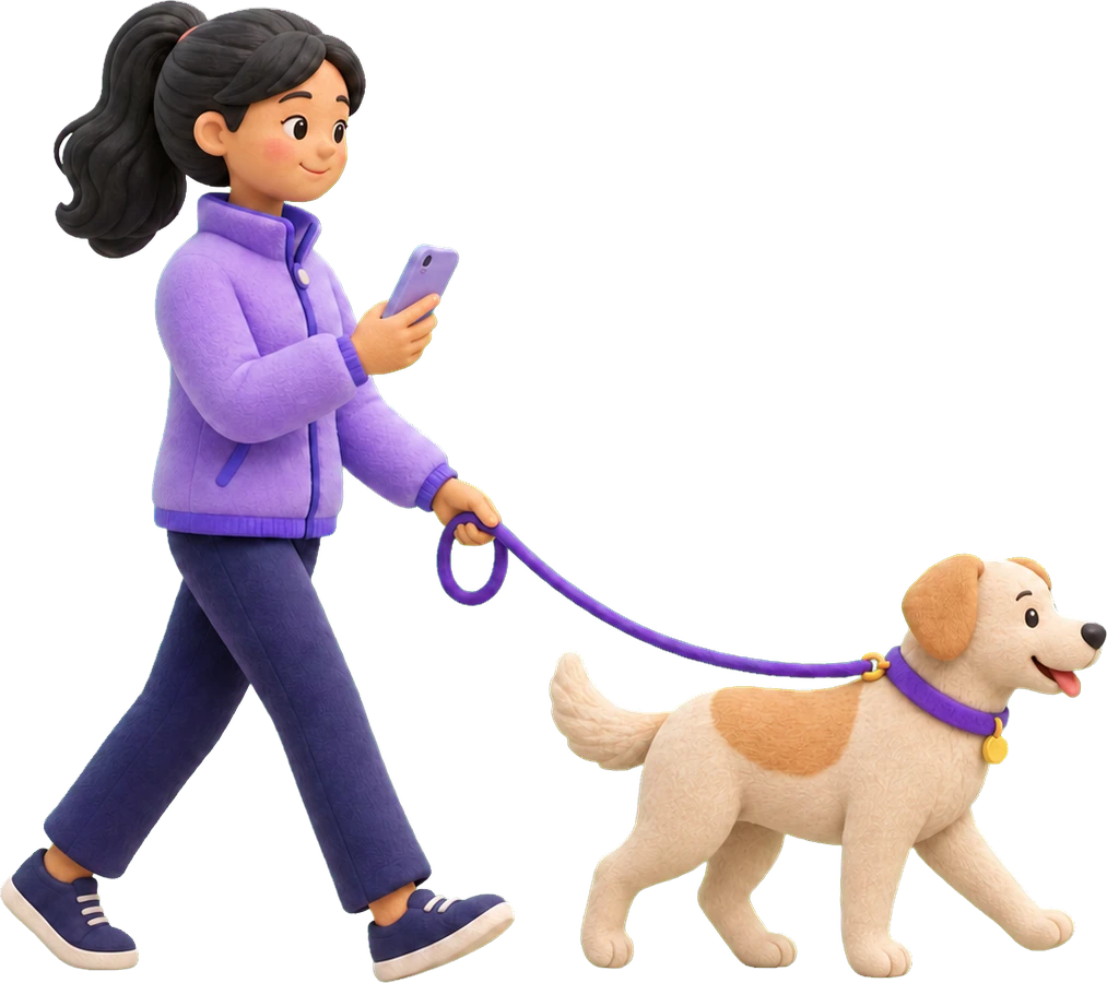 Illustration of a dog owner walking her dog along a park path